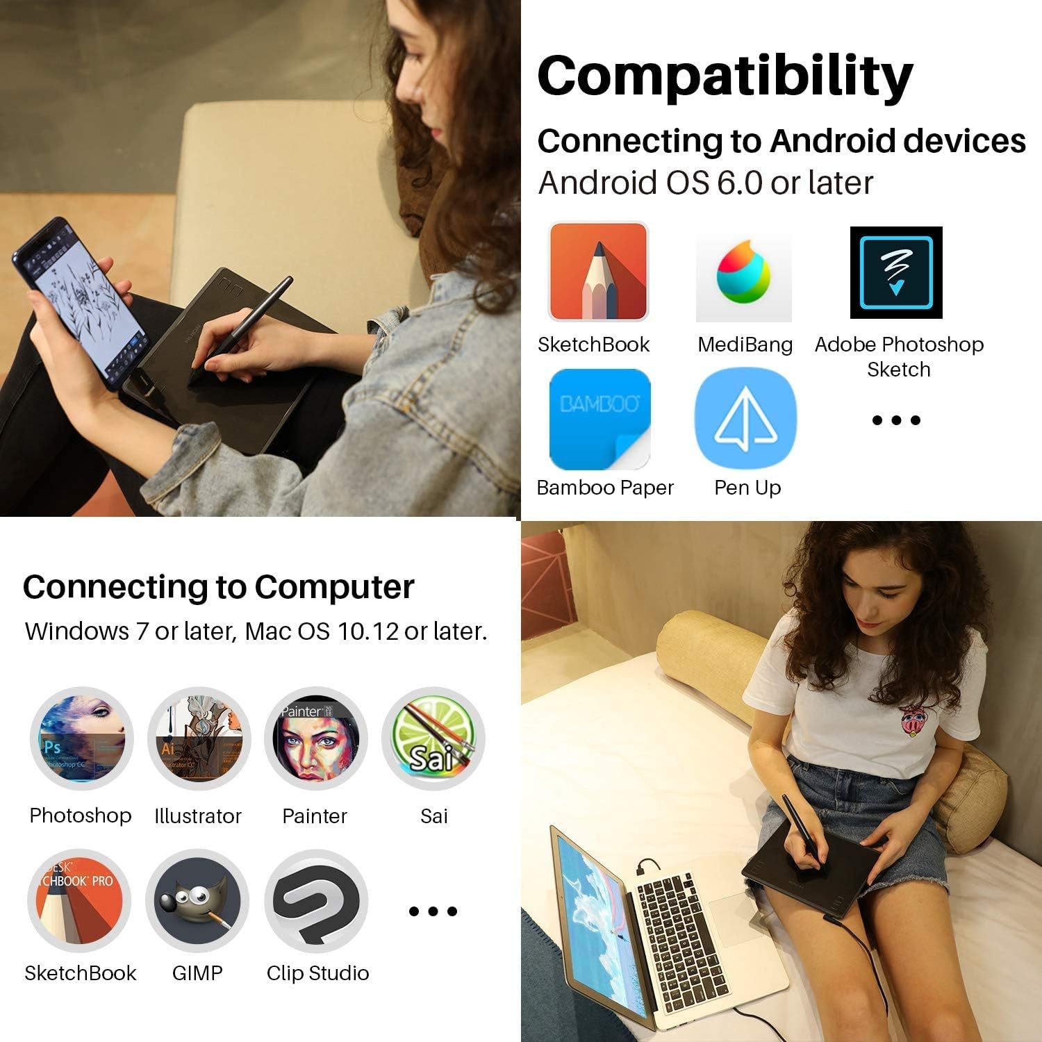 Drawing Tablet HUION HS64 Beginner Graphics OSU Tablet with Battery-Free Stylus 8192 Pressure Sensitive for Digital Art, Painting & Design, Compatible with Windows, Mac, Android & Linux Black - Image 6