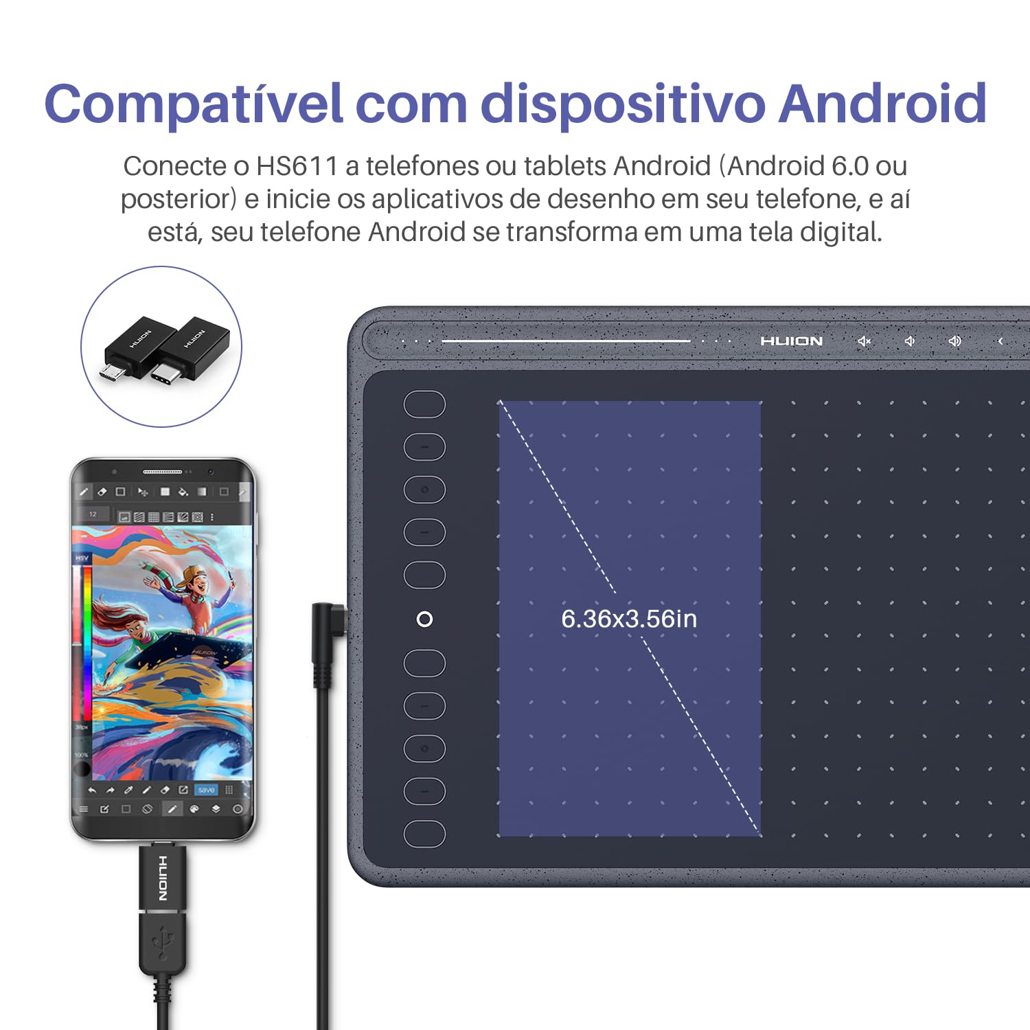 HUION HS611 Graphics Drawing Tablet Android Support Digital Art Tablet with Battery-Free Stylus 8192 Pen Pressure Tilt 8 Multimedia Keys 10 Hot Keys and Touch Ring, 10x6 inch Drawing Pad, Space Grey - Image 3