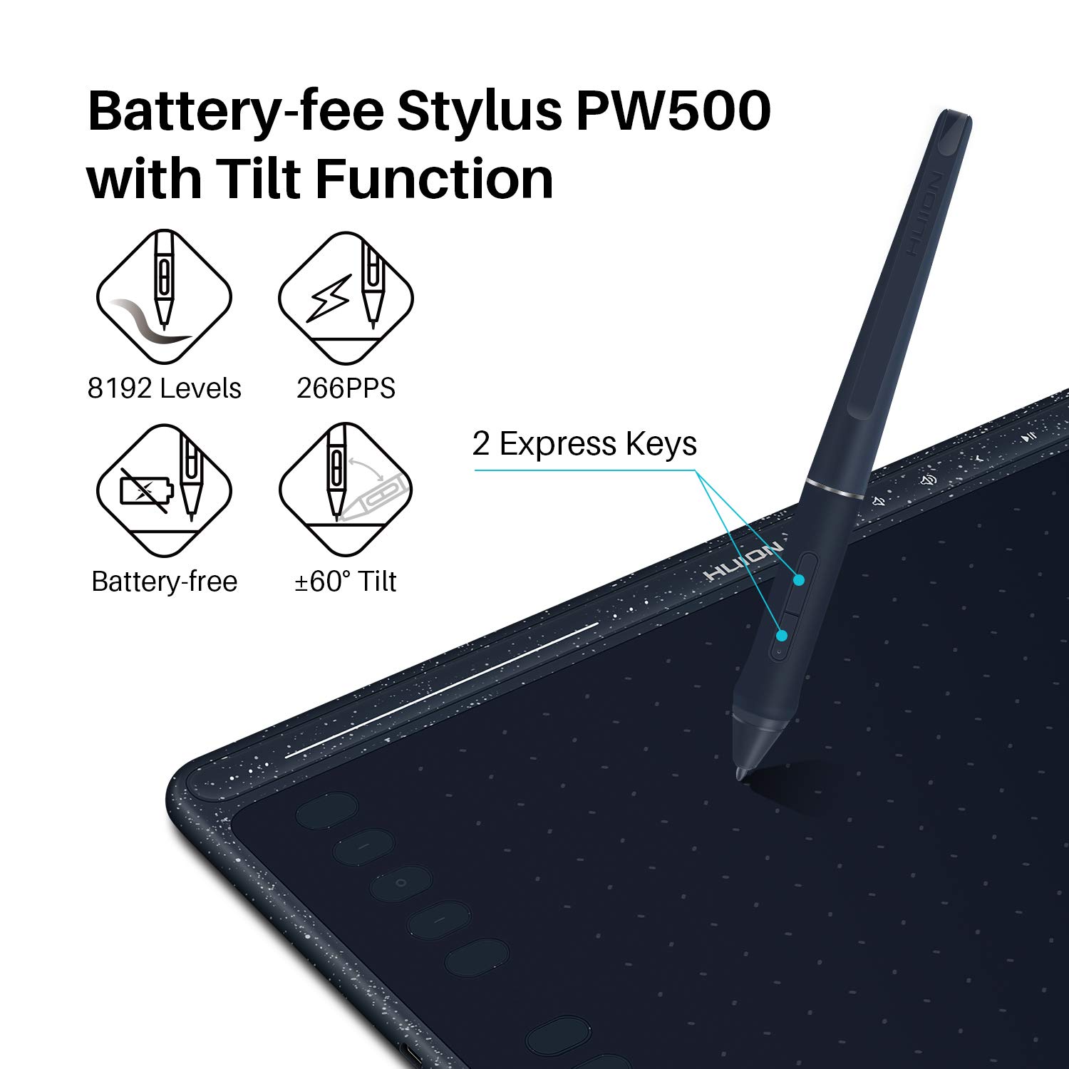 HUION HS611 Graphics Drawing Tablet Android Supported Pen Tablet Tilt Function Battery-Free Stylus 8192 Pen Pressure with 8 Multimedia Keys 10 Express Keys and Touch Strip(Starry Blue) - Image 4