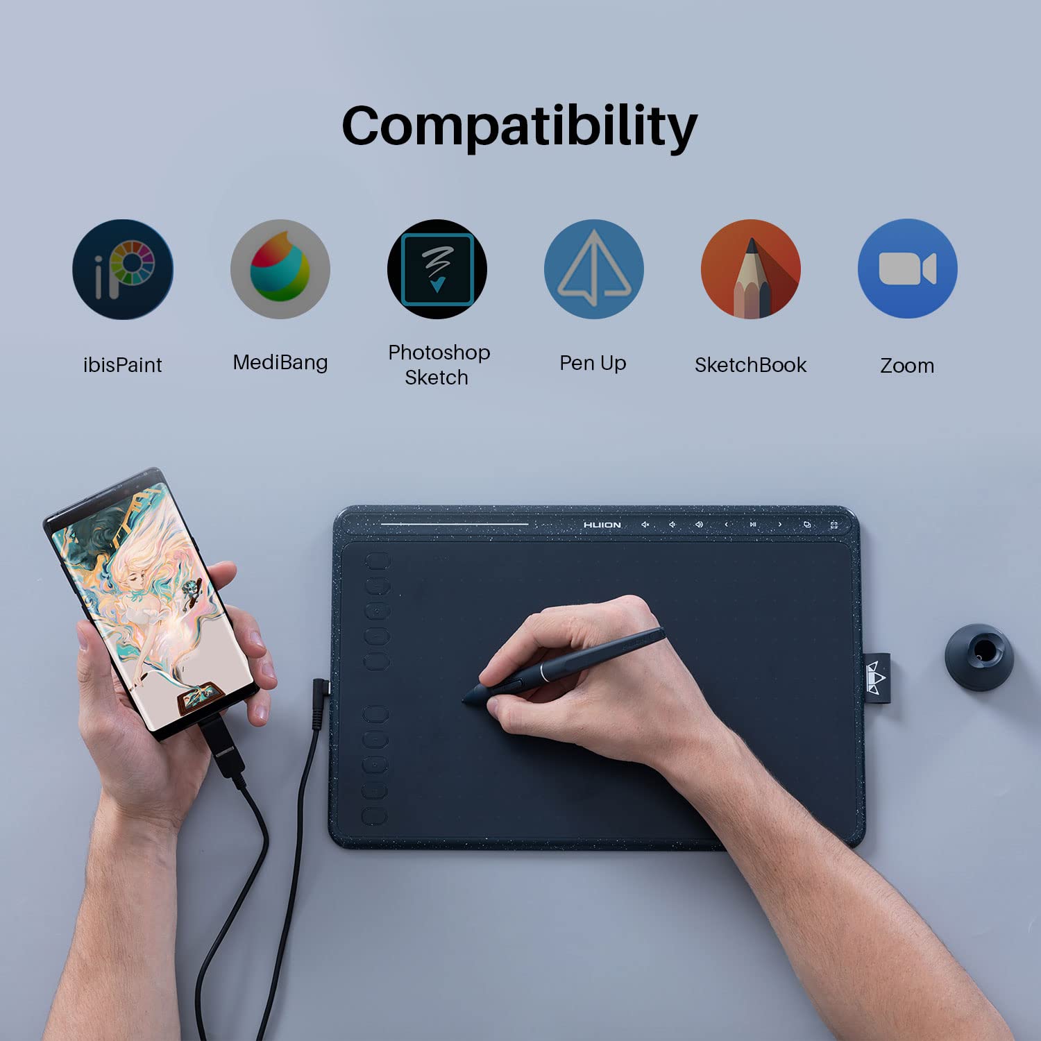 HUION HS611 Graphics Drawing Tablet Android Supported Pen Tablet Tilt Function Battery-Free Stylus 8192 Pen Pressure with 8 Multimedia Keys 10 Express Keys and Touch Strip(Starry Blue) - Image 6