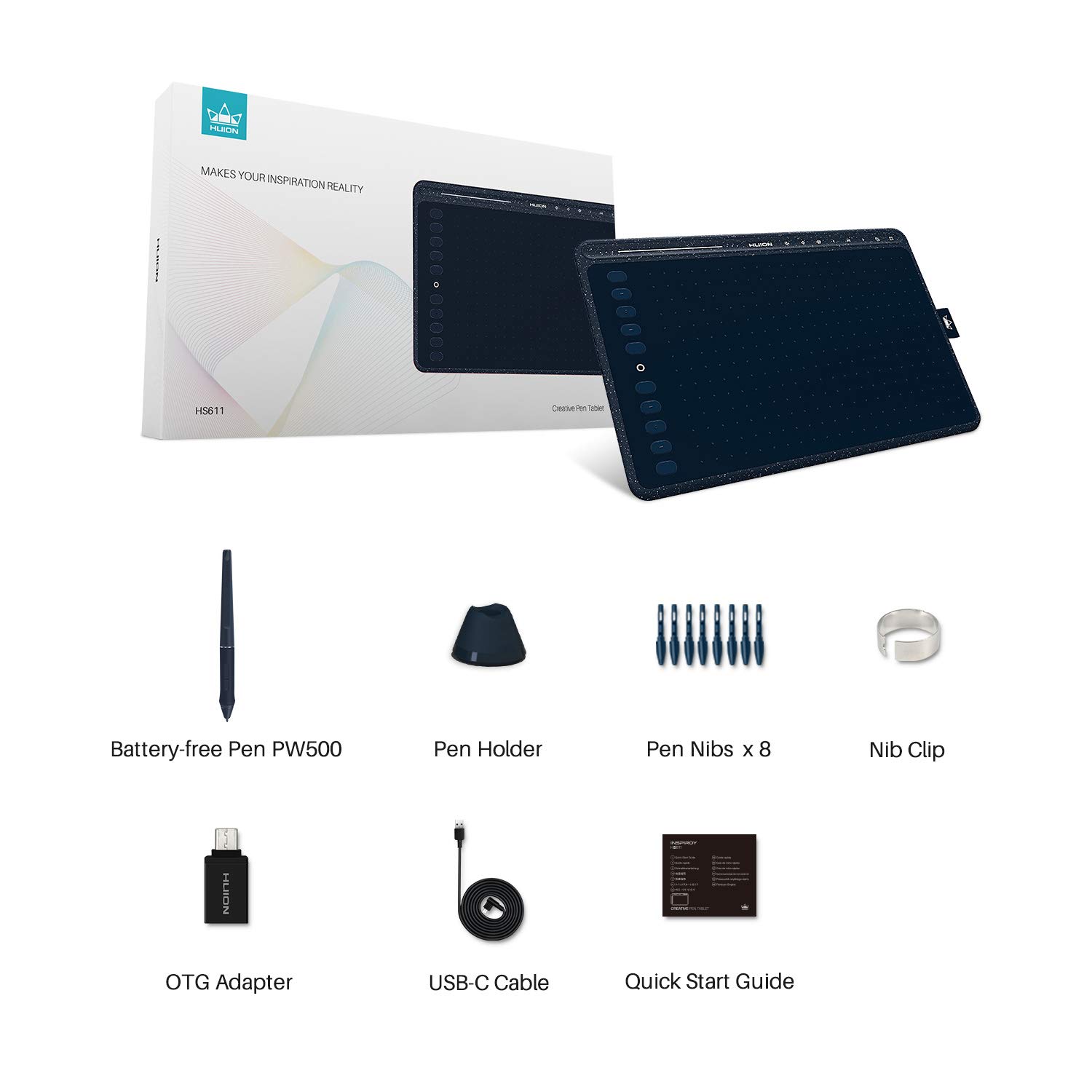 HUION HS611 Graphics Drawing Tablet Android Supported Pen Tablet Tilt Function Battery-Free Stylus 8192 Pen Pressure with 8 Multimedia Keys 10 Express Keys and Touch Strip(Starry Blue) - Image 7