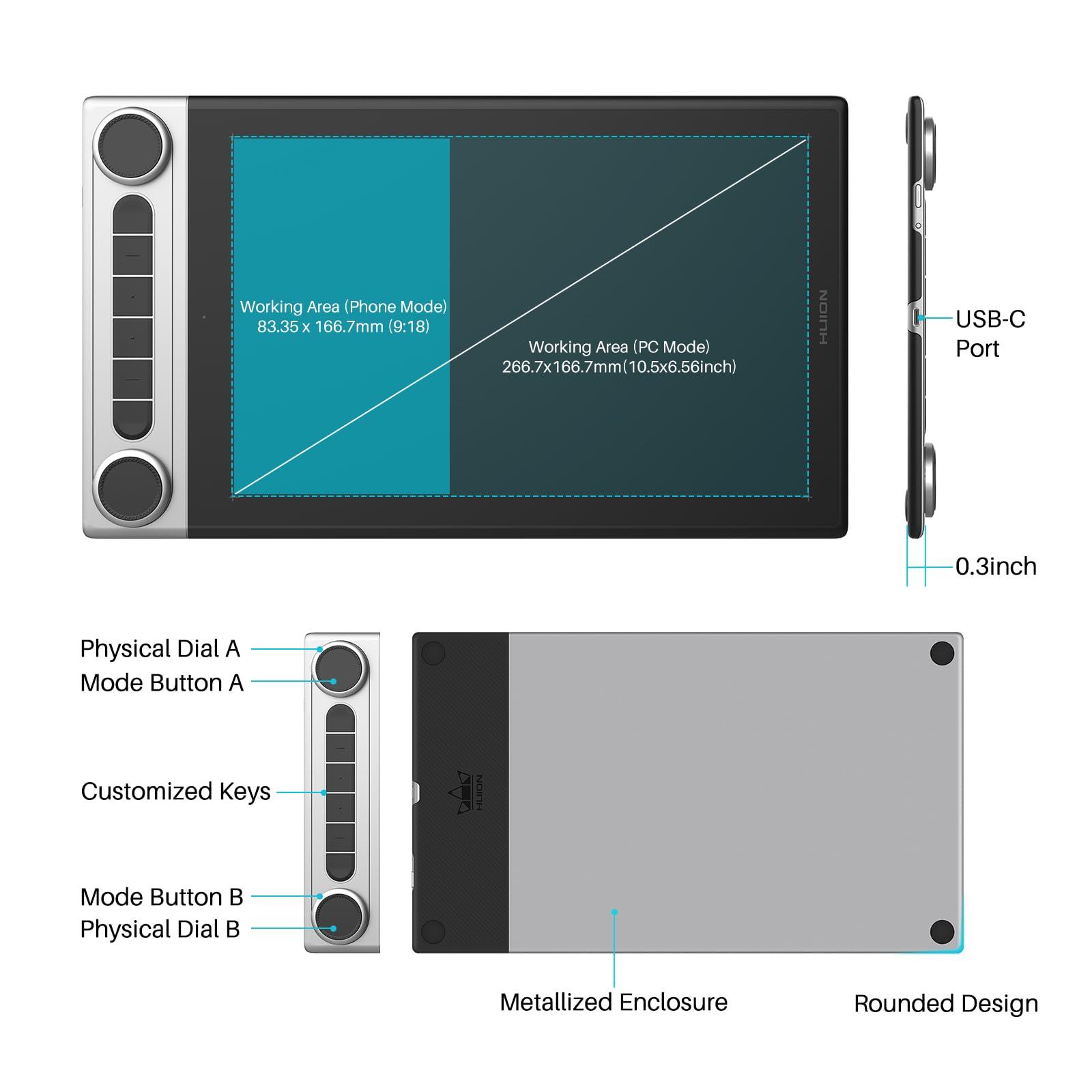 HUION Inspiroy Dial 2 10.5 x 6.56inch Bluetooth Wireless Graphics Drawing Tablet with Dual Dials Battery-Free Stylus for Digital Art and Graphics Design, Compatible with Mac, Windows, Linux, Android - Image 8