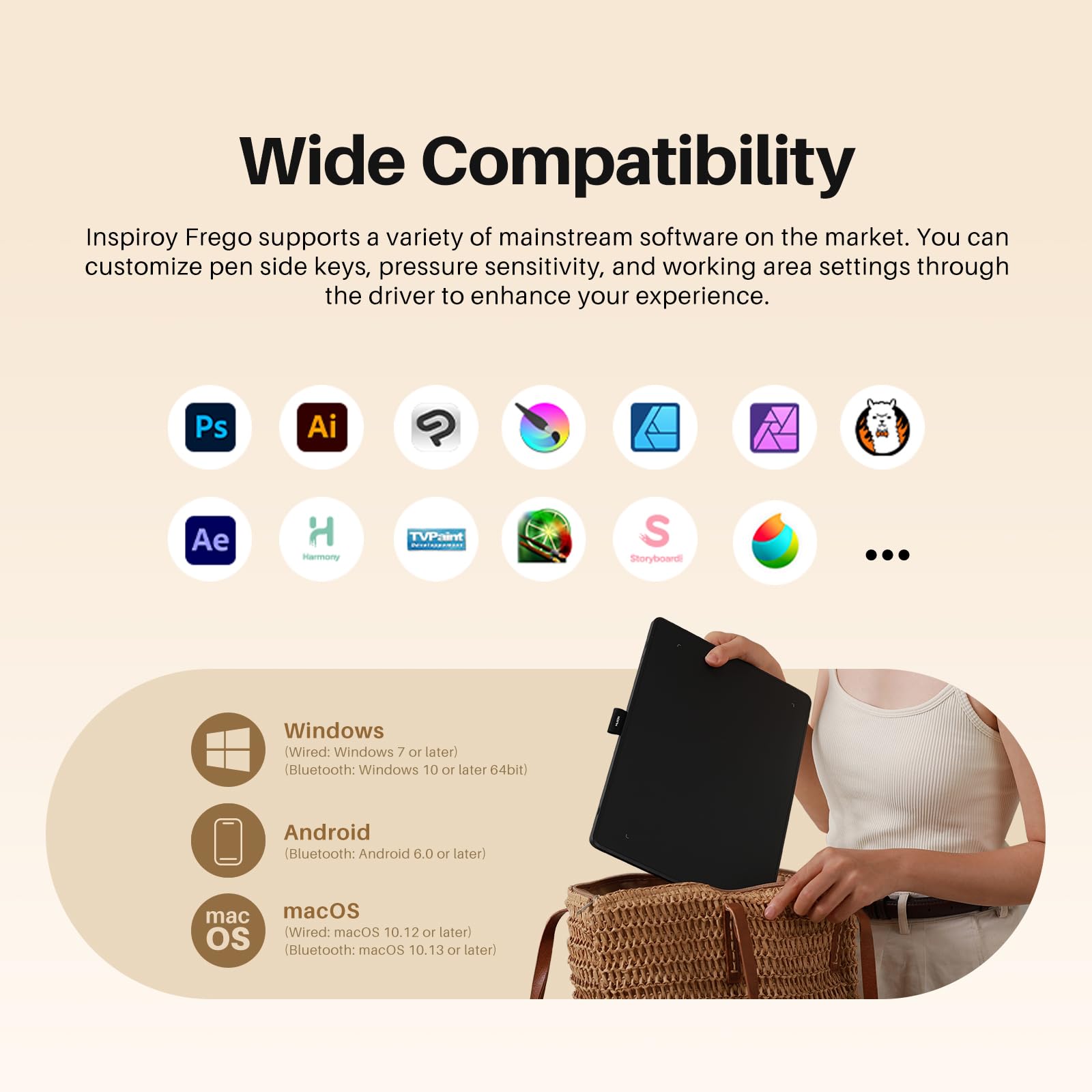 HUION Inspiroy Frego Medium Wireless Drawing Tablet, 10 x 6.25 inch Bluetooth Graphics Tablet, Portable for Design, Writing, Photo Editing, Teaching, Compatible with Windows, Mac, Android and Linux - Image 6