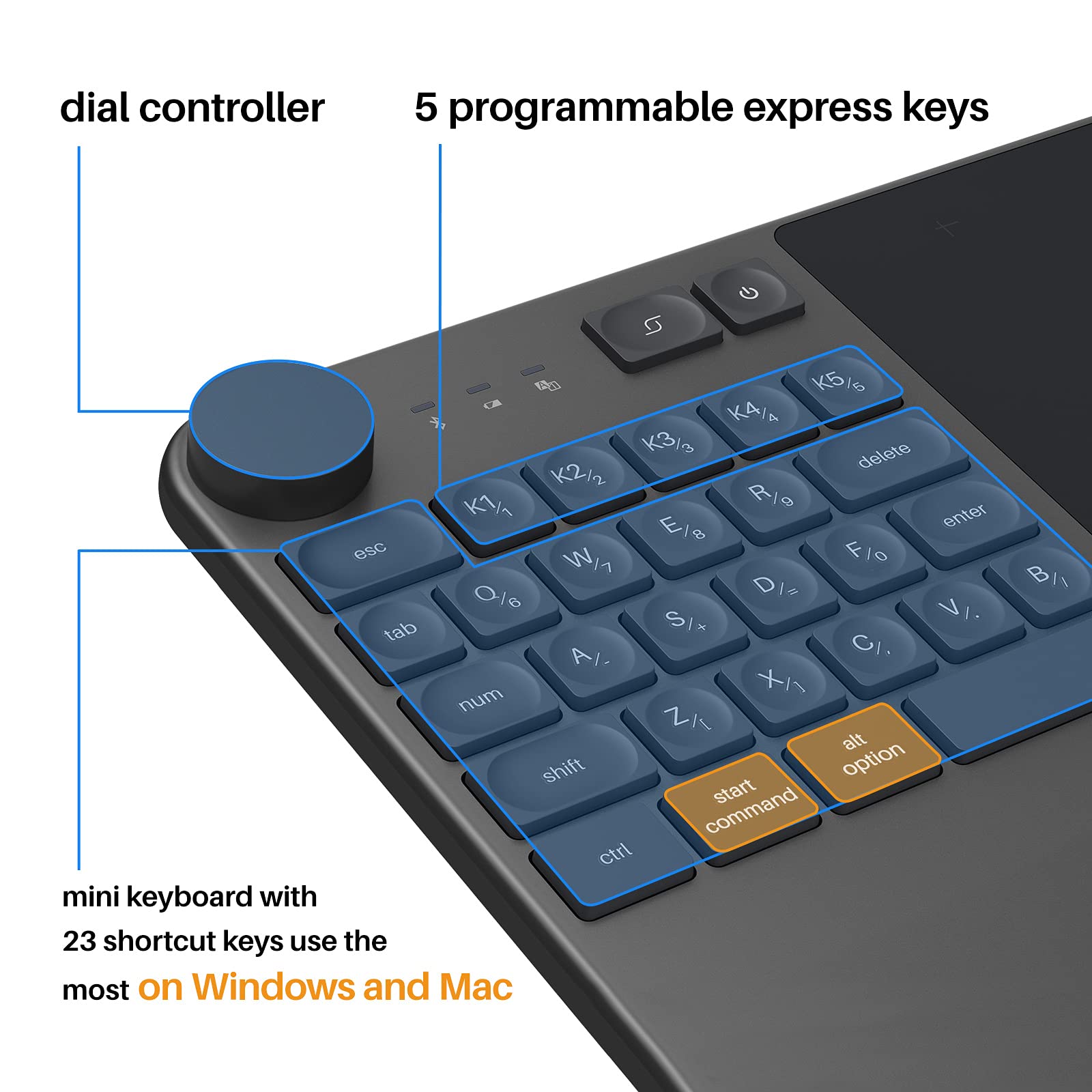 HUION Inspiroy Keydial KD200 Wireless Drawing Tablet, Bluetooth Graphic Tablet with Keyboard Dial 5 Customized Express Keys Battery-Free Pen, 8.9x5.6inch Art Tablet Work with Windows, Mac, Android - Image 3