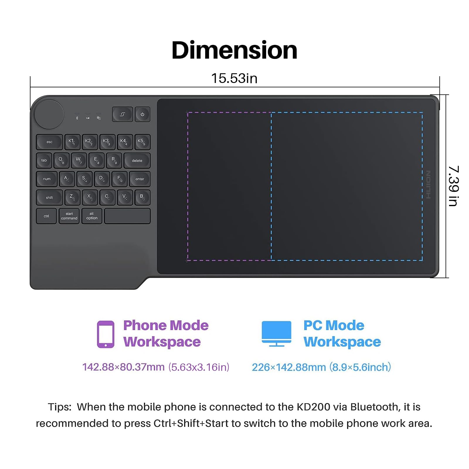 HUION Inspiroy Keydial KD200 Wireless Drawing Tablet, Bluetooth Graphic Tablet with Keyboard Dial 5 Customized Express Keys Battery-Free Pen, 8.9x5.6inch Art Tablet Work with Windows, Mac, Android - Image 6