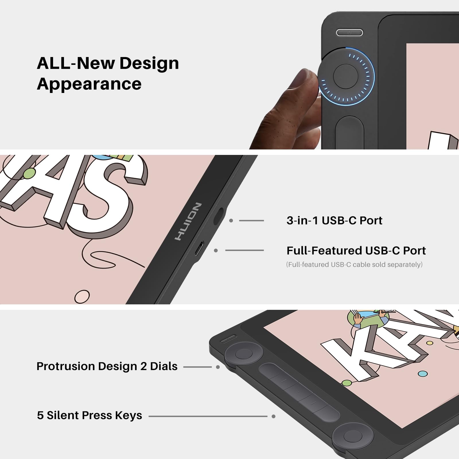 HUION Kamvas 13 (Gen 3) Drawing Tablet with Screen,13.3" Full-Laminated Art Tablet with Anti-Sparkle Canvas Glass 2.0, 99% sRGB, PenTech 4.0, 16384 Pen Pressure, Dual Dial for PC, Mac, Android, Black - Image 5