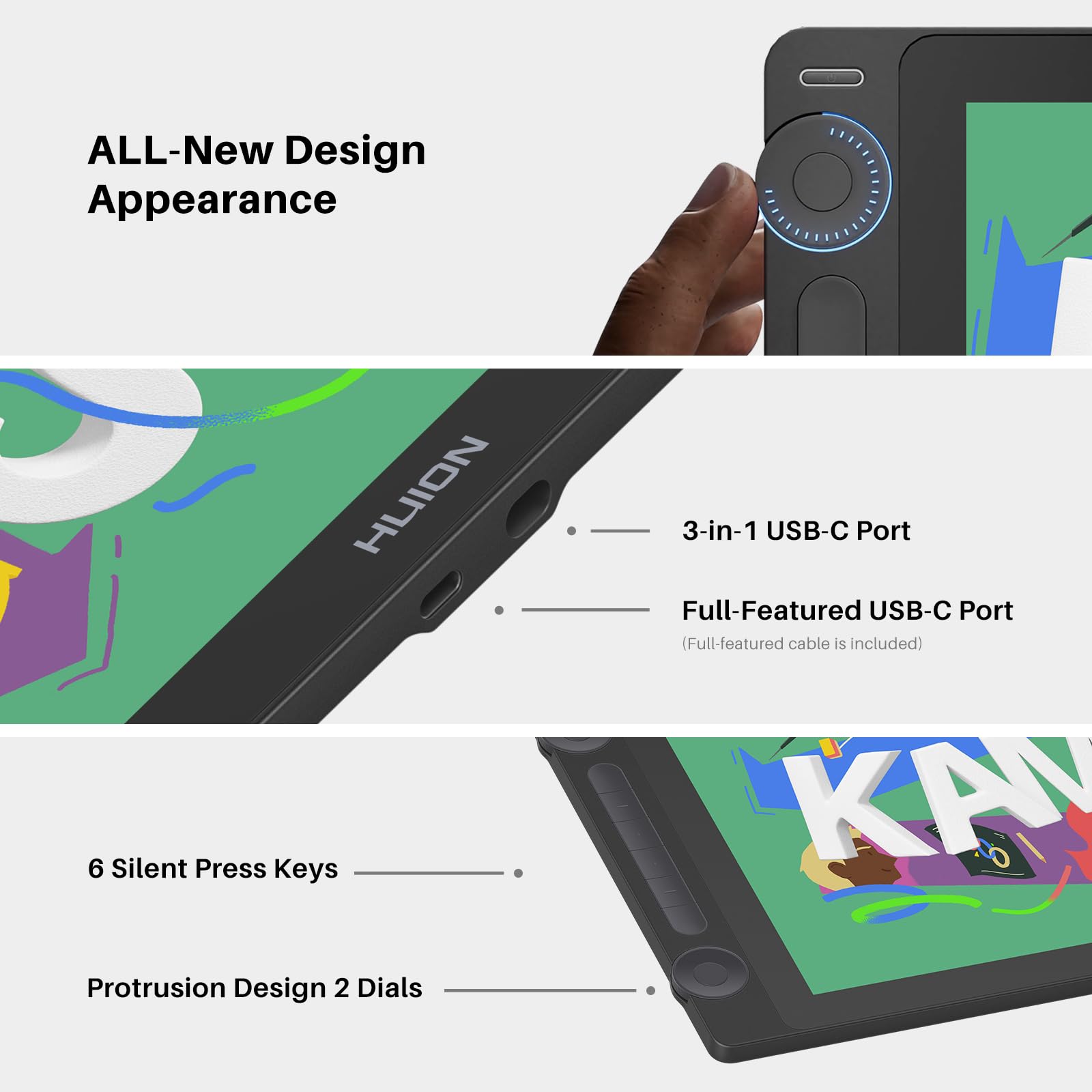 HUION KAMVAS 16 (Gen 3) Drawing Tablet with Screen, 15.8 inch 2.5K QHD Art Tablet with Full Laminated Anti-Sparkle Glass, 99% sRGB, PenTech 4.0, 16384 Pen Pressure, Dual Dials for Mac, PC, Android - Image 6