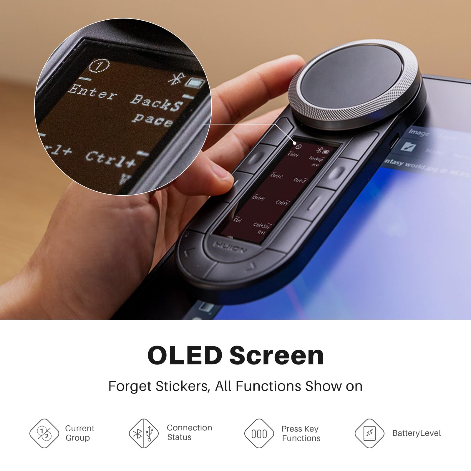 HUION Keydial Remote Bluetooth Programmable Keypad with Dual Dials 60 Customized Keys, OLED Display Macro Keypad Work with PC, Mac, Mobile, One-Hand Shortcut Keyboard for Drawing Tablet, Laptops - Image 5