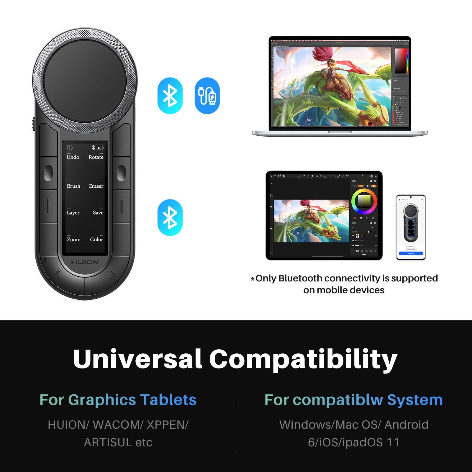HUION Keydial Remote Bluetooth Programmable Keypad with Dual Dials 60 Customized Keys, OLED Display Macro Keypad Work with PC, Mac, Mobile, One-Hand Shortcut Keyboard for Drawing Tablet, Laptops - Image 6