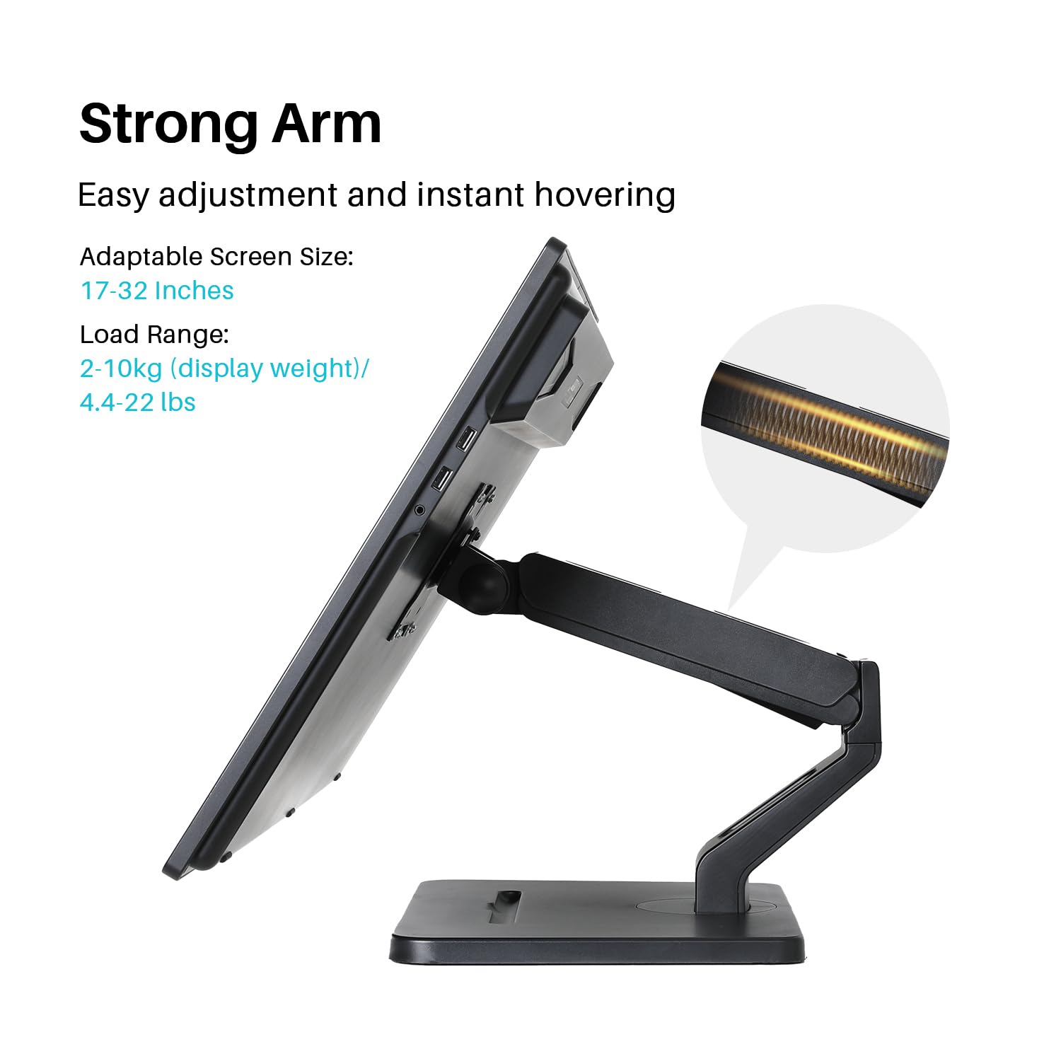 HUION Stand, Single Monitor Arm for 17-32 inch Screens, Holds up to 22 lbs, Adjustable Monitor Mount with Gas Spring Full Motion, VESA 75x75 & 100x100mm - Image 3