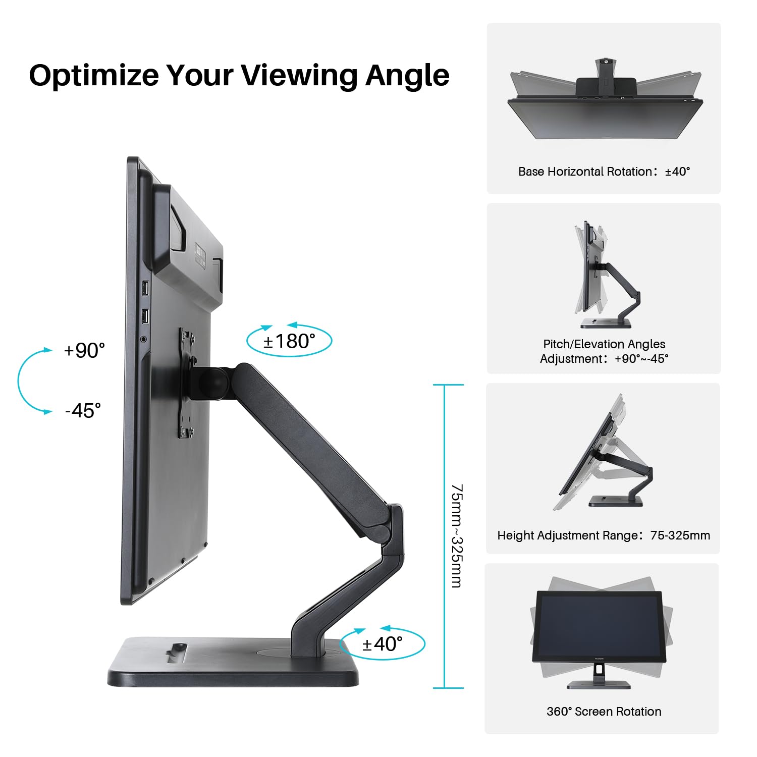 HUION Stand, Single Monitor Arm for 17-32 inch Screens, Holds up to 22 lbs, Adjustable Monitor Mount with Gas Spring Full Motion, VESA 75x75 & 100x100mm - Image 4